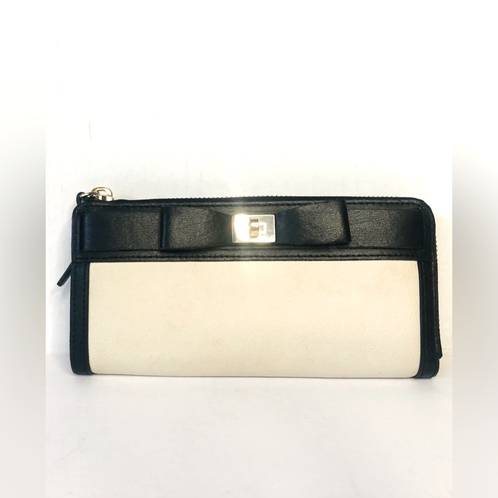 Kate Spade Color Block Leather Zip Wallet Black Ivory Bow Organizer